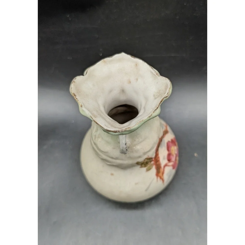 Antique Hand Painted Floral Porcelain Miniature Bud Vase Ruffled Rim 2-Handle